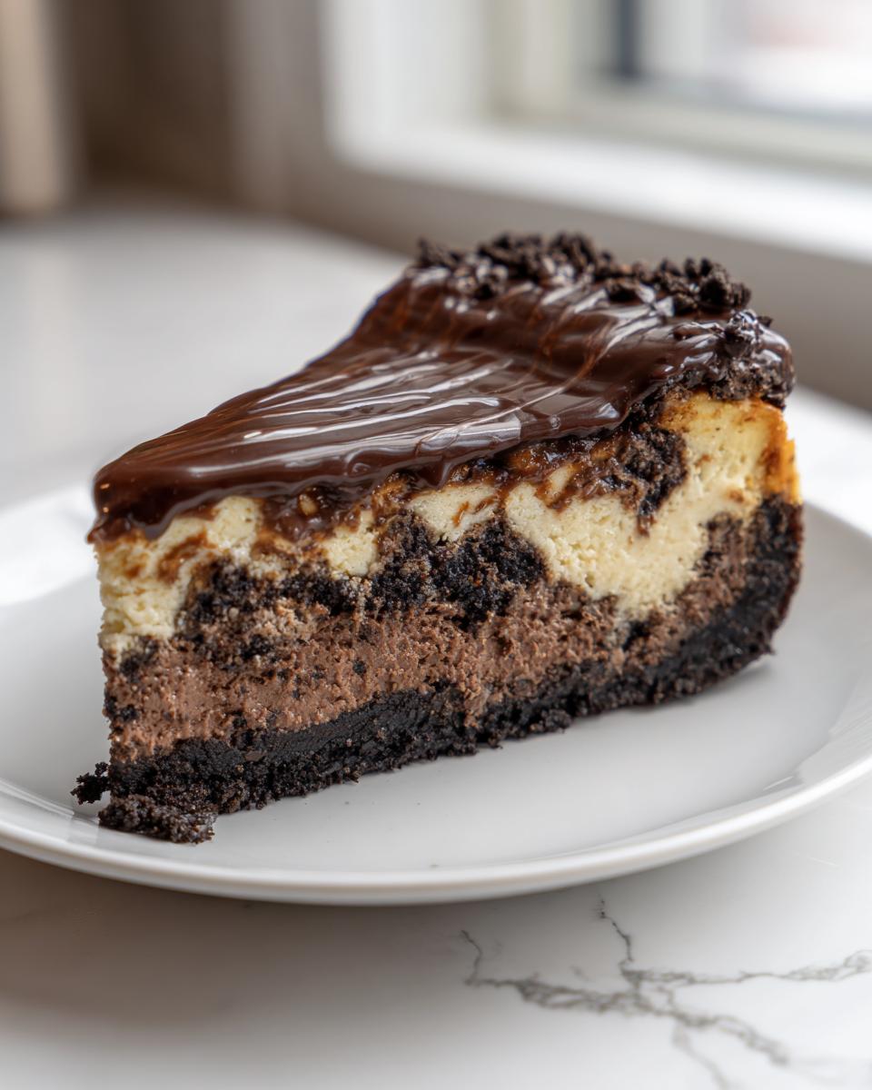 A decadent slice of 3-layer chocolate cheesecake with a dark crust, chocolate filling, vanilla layer, and chocolate ganache topping.