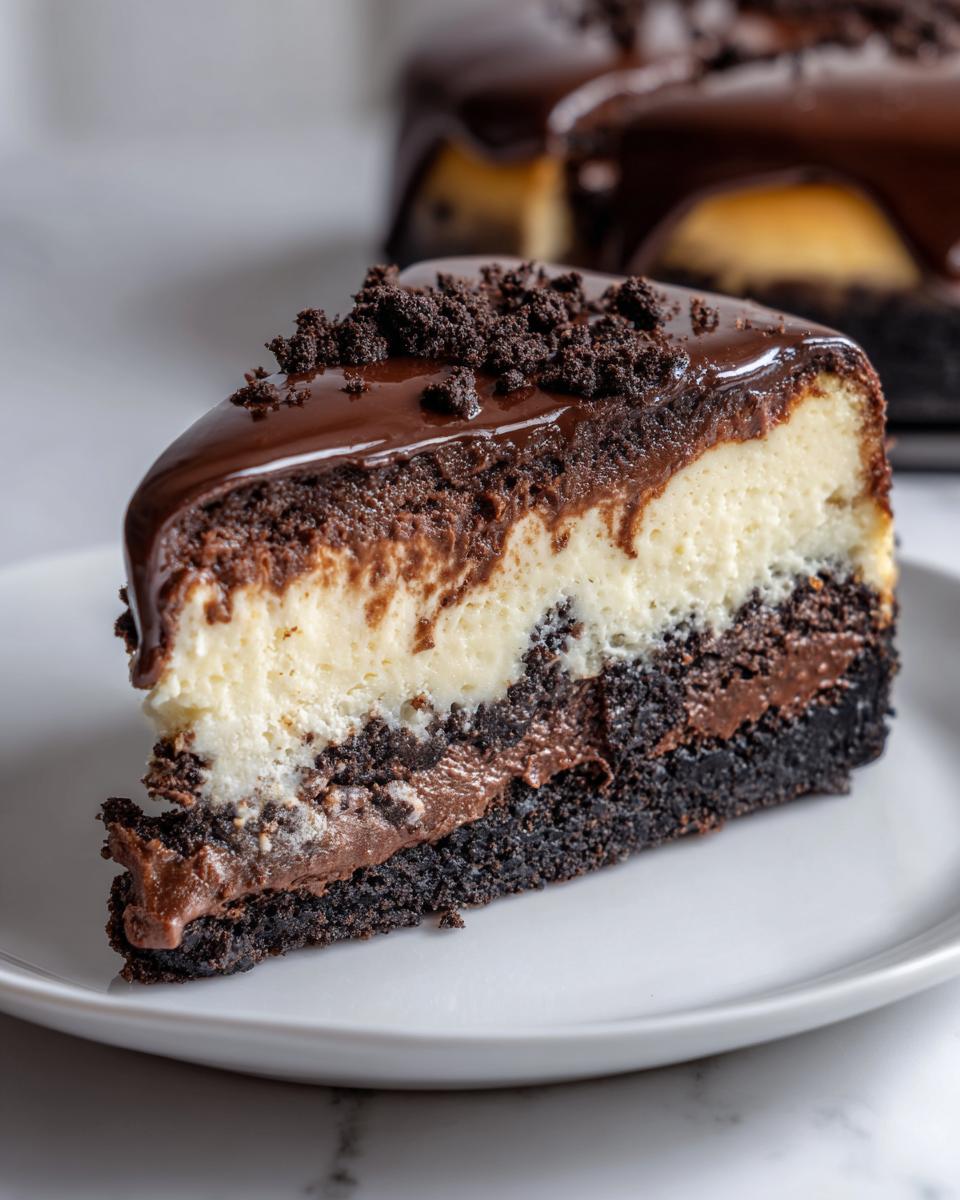 A decadent slice of 3-layer chocolate cheesecake featuring a dark crust, creamy filling, chocolate layer, and ganache topping.