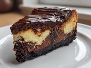 A decadent slice of 3-layer chocolate cheesecake with a dark chocolate ganache topping on a white plate.
