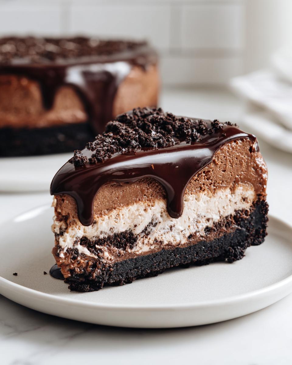 A decadent slice of 3-layer chocolate cheesecake with a dark crust, creamy filling, and rich chocolate ganache topping.