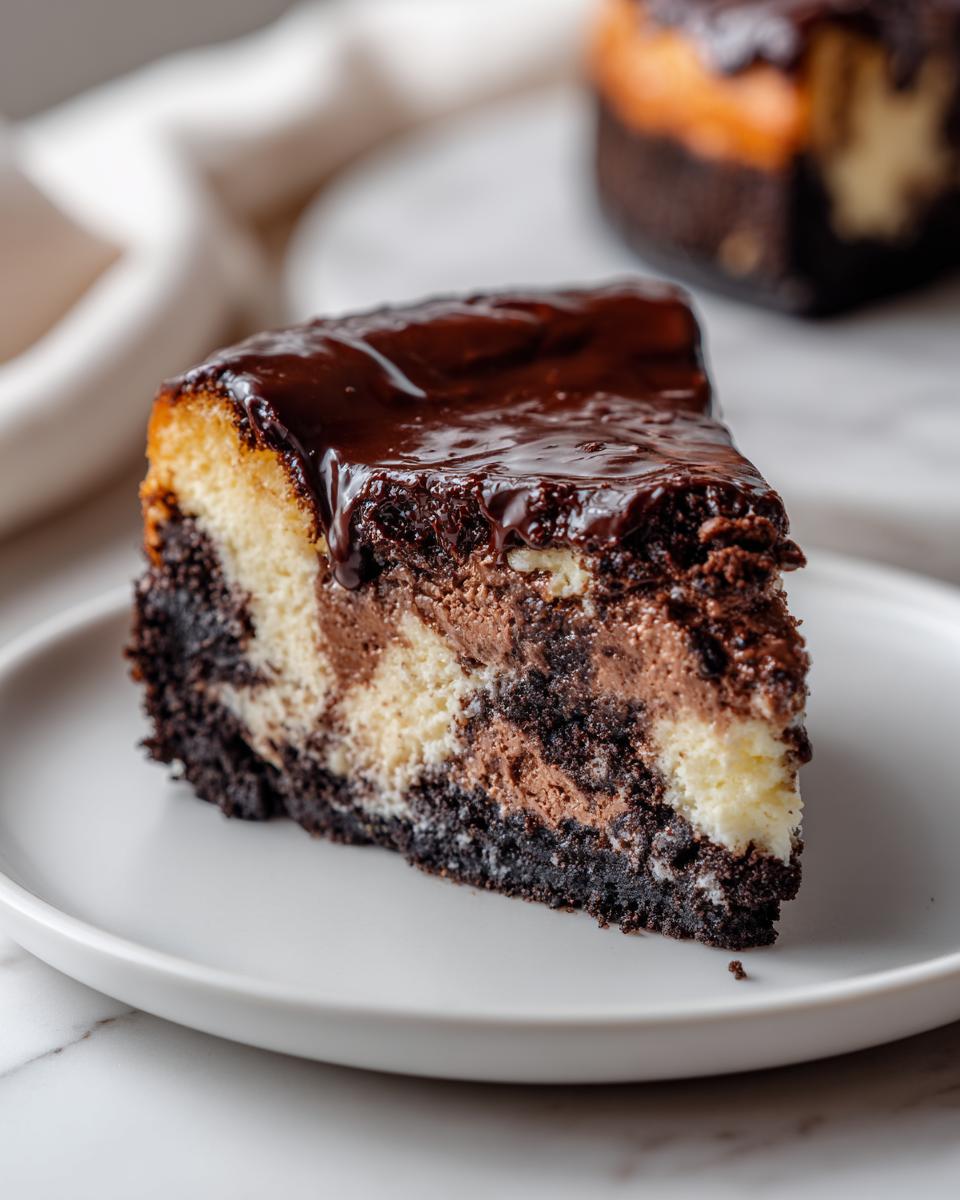 A close-up of a slice of amazing 3-layer chocolate cheesecake topped with rich, glossy chocolate ganache.