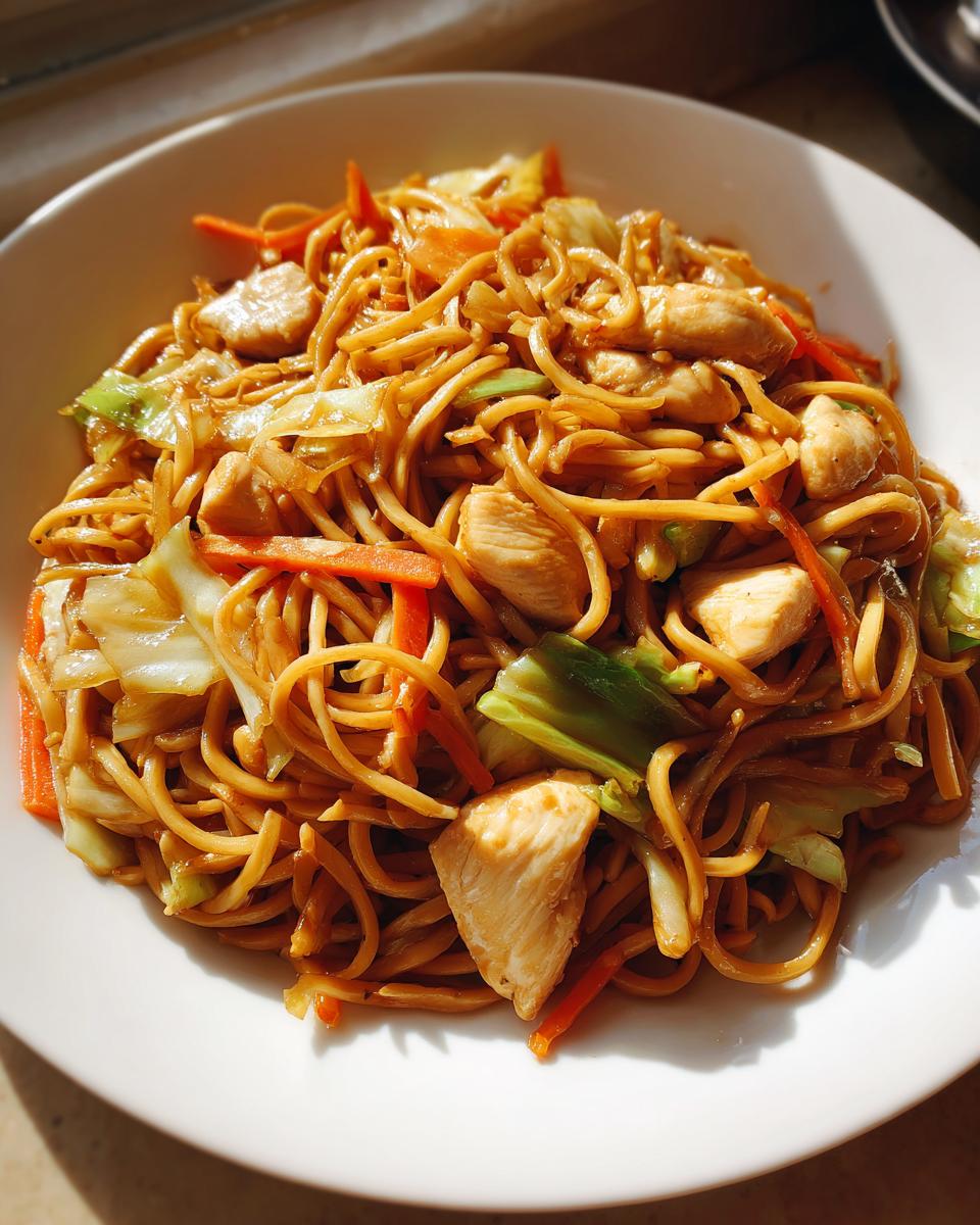 Close-up of a generous serving of homemade chicken chow mein recipe with noodles, chicken pieces, carrots, and cabbage.