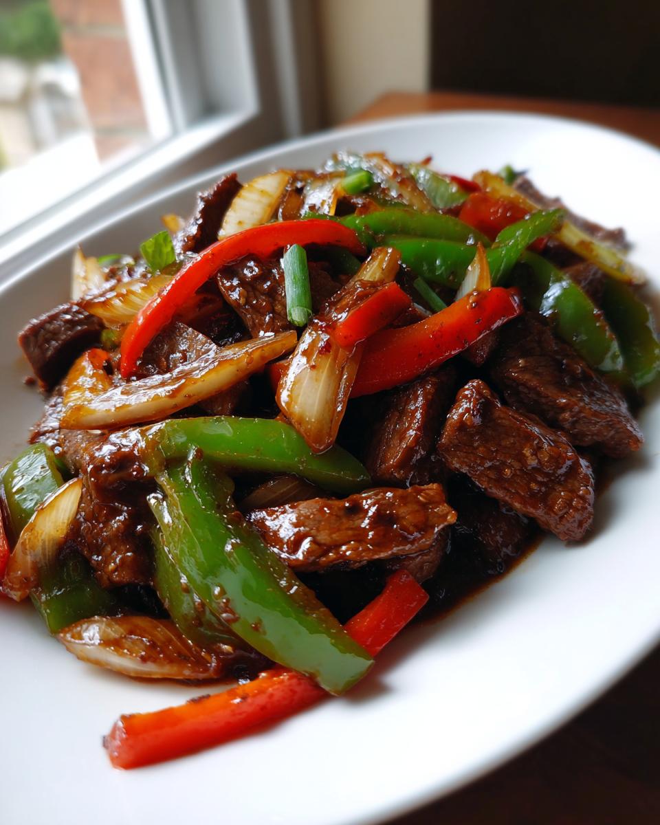 A close-up of glossy, tender pepper steak stir-fry featuring beef strips, green peppers, red peppers, and onions in a savory sauce.