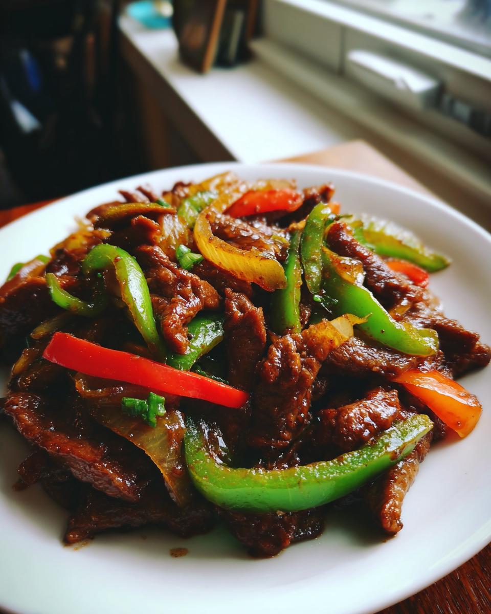A close-up of a white plate filled with glossy, savory pepper steak strips mixed with bright green and red bell peppers and onions.