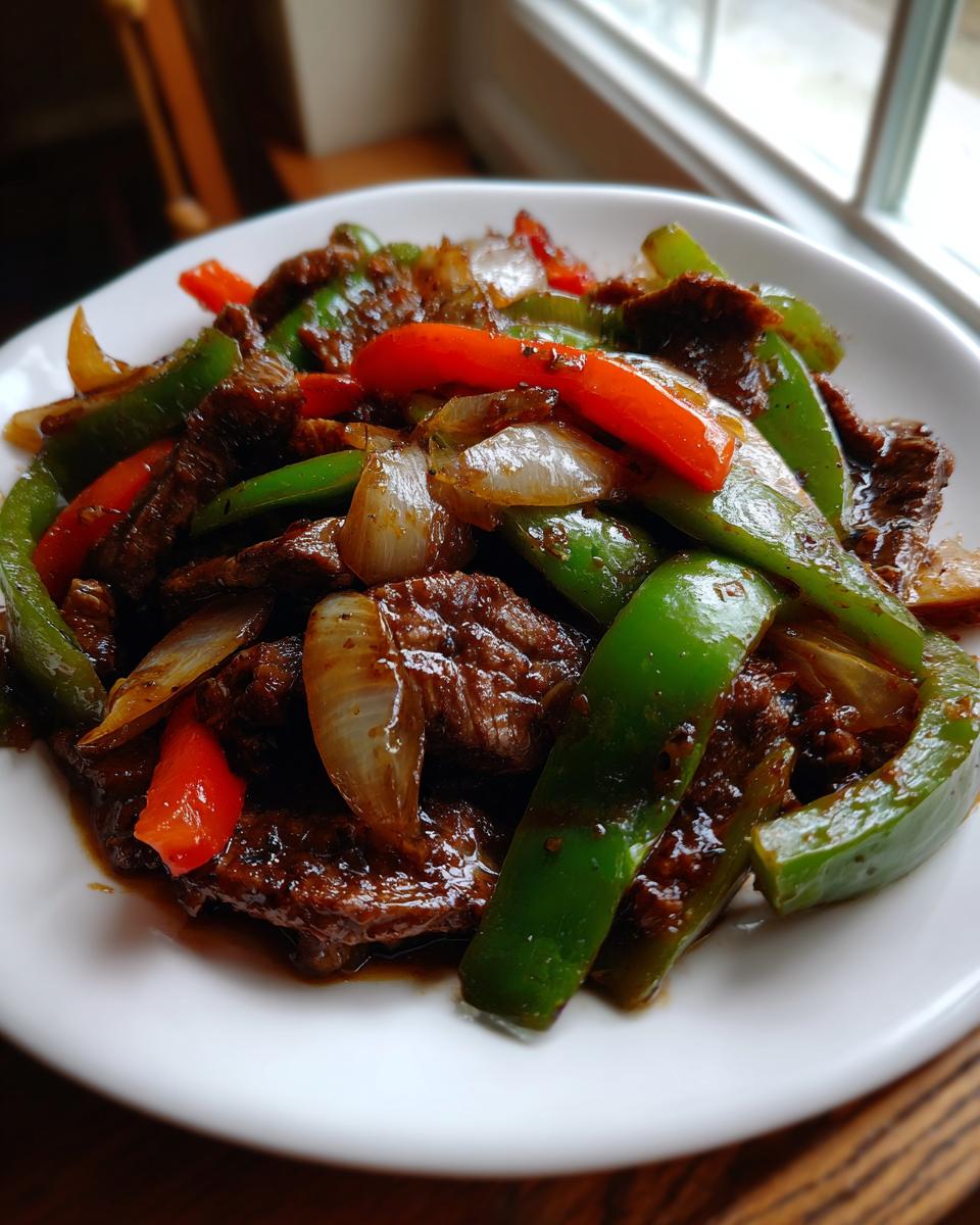 A close-up of glistening, saucy pepper steak featuring tender beef strips, green bell peppers, red peppers, and onions.