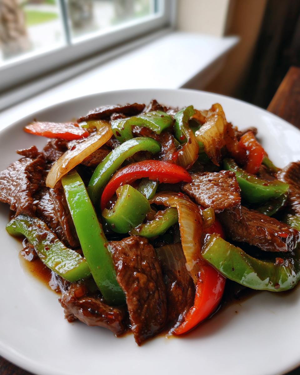 A close-up of glistening, tender beef strips mixed with bright green and red bell peppers and onions in a savory sauce, ready to eat pepper steak.