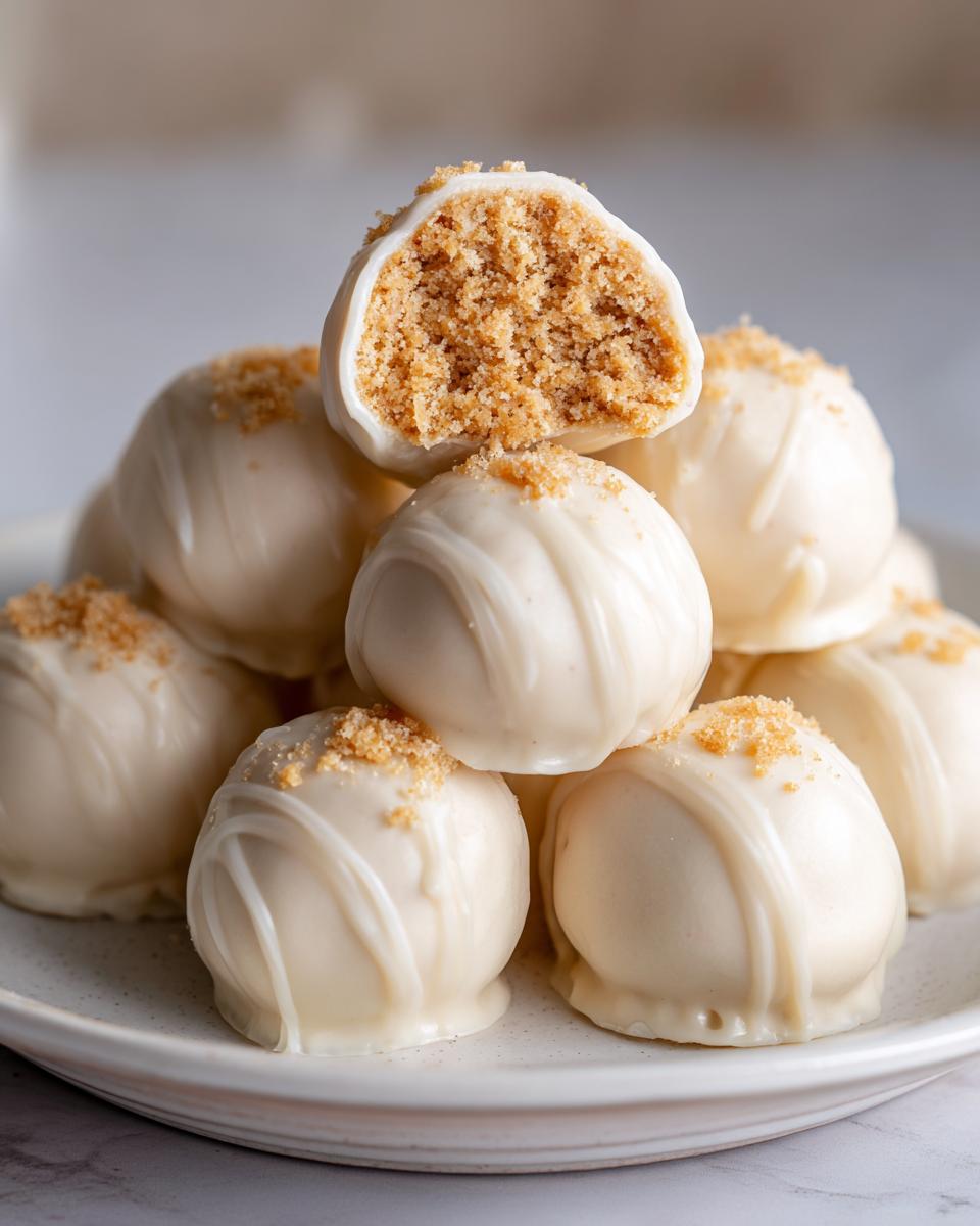 A stack of white chocolate coated sugar cookie truffles, one cut open to show the crumbly center.