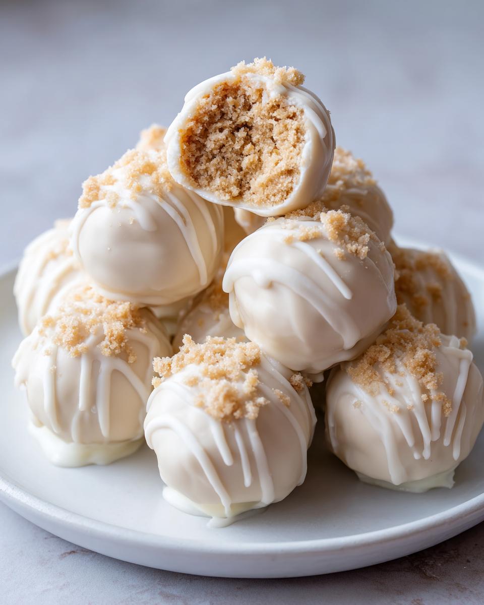 A stack of white chocolate coated sugar cookie truffles, one cut open showing the crumbly center.