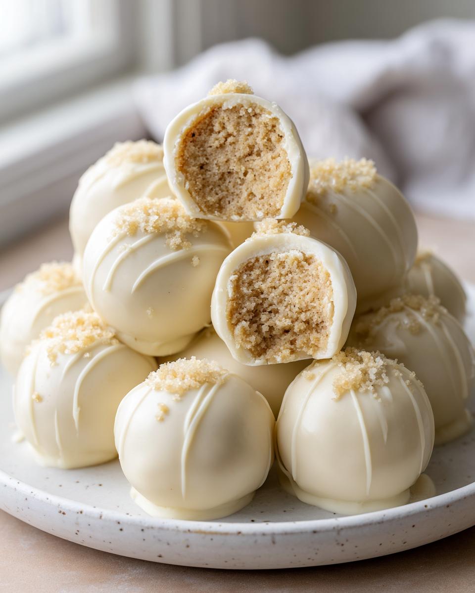 A stack of white chocolate coated sugar cookie truffles, one cut in half showing the cookie dough center.