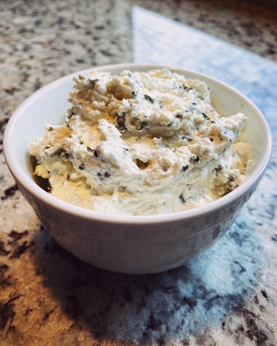 A close-up of thick, creamy homemade blue cheese dip with visible blue cheese crumbles in a small white bowl.