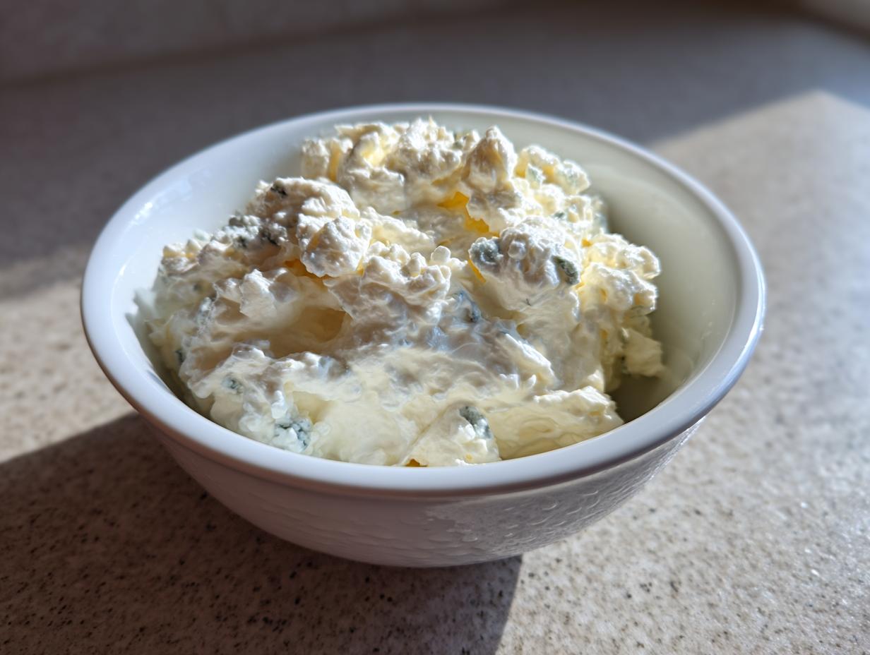 A close-up of chunky, creamy blue cheese dip served in a small white bowl, highlighting the blue cheese crumbles.