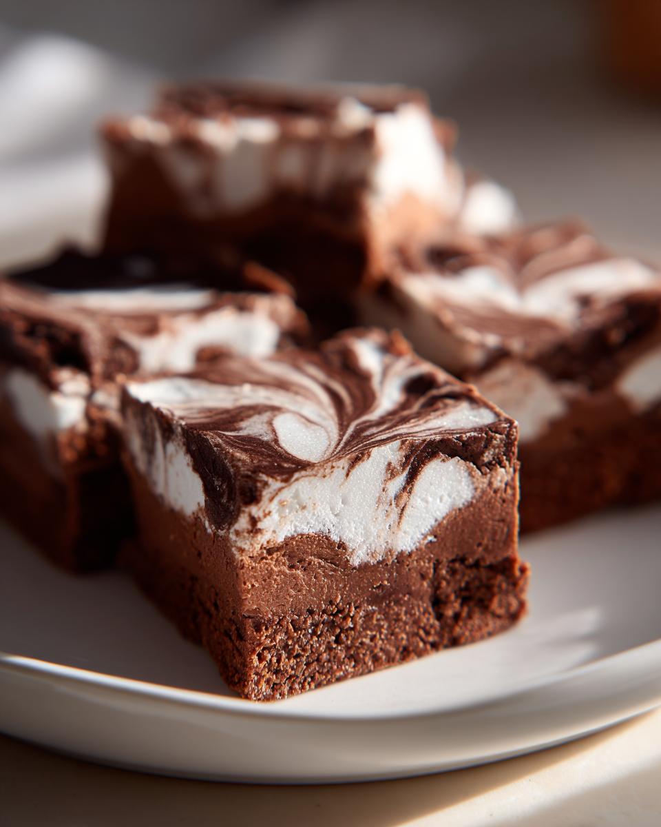 Close-up of rich chocolate fudge squares topped with a white and dark chocolate swirl, showcasing the smooth texture of the fudge.