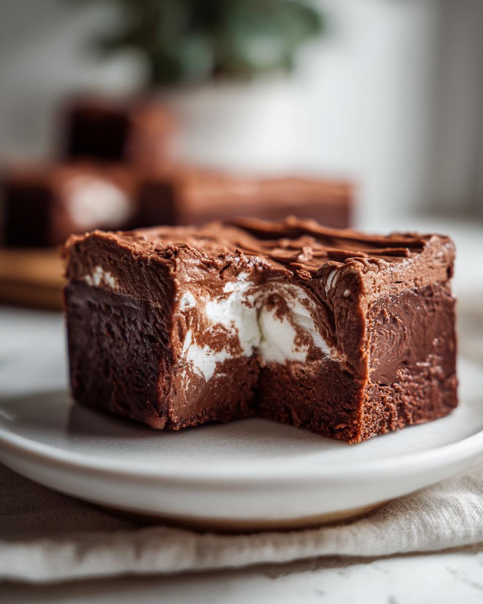 A rich, dark chocolate fudge square with a visible marshmallow swirl center, resting on a white plate.
