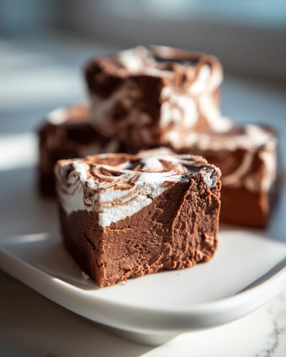 A close-up of a square of rich chocolate fudge with a white swirl topping, part of a batch of 5-ingredient fudge.