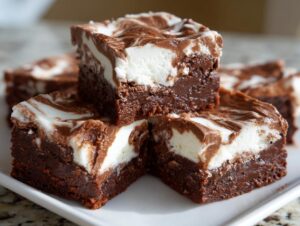 Close-up of stacked squares of rich, dark chocolate fudge with a thick, white and brown swirled topping.
