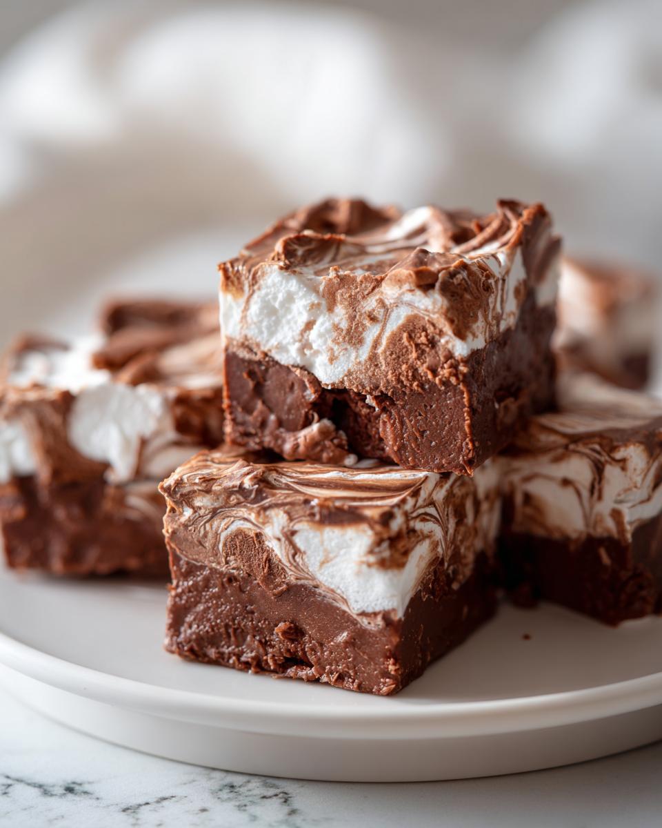 Close-up of rich chocolate fudge squares topped with a white and brown swirled marshmallow layer, showcasing smooth fudge texture.