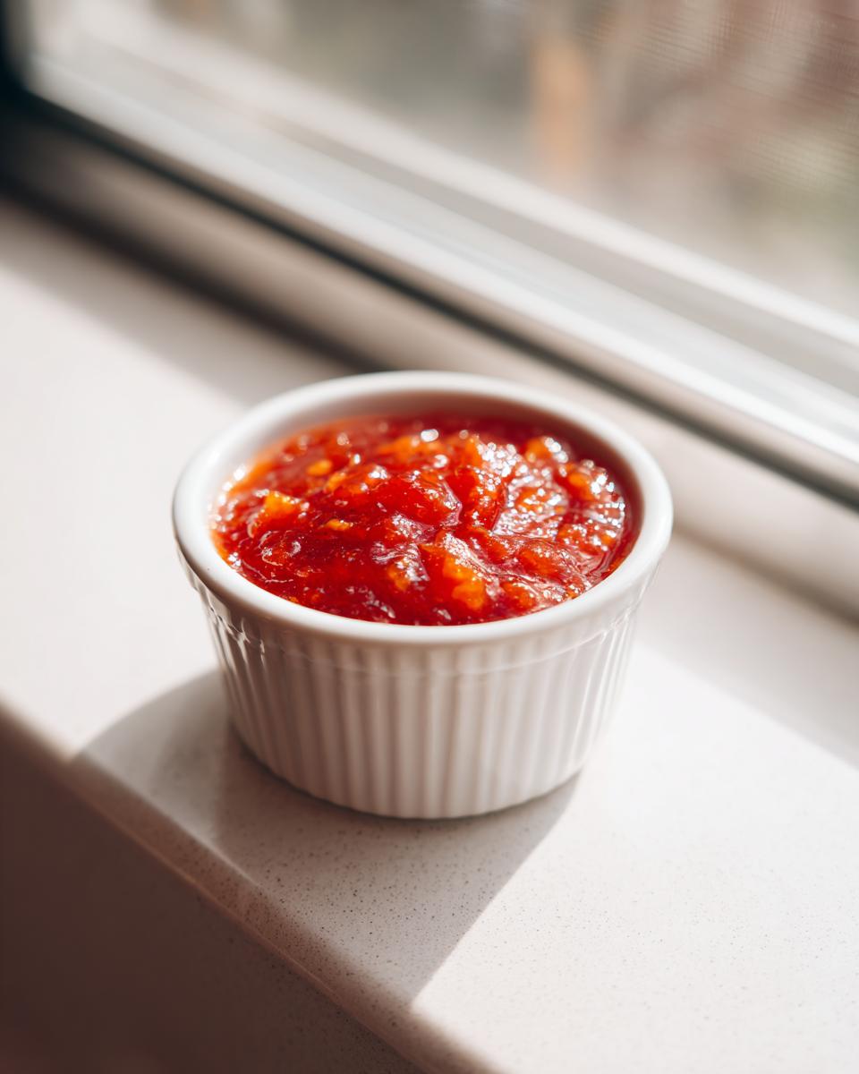 A small white ramekin filled with vibrant, chunky homemade cocktail sauce sitting on a sunlit white windowsill.