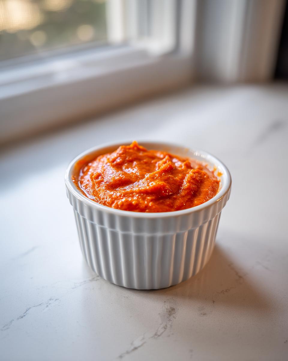 Close-up of bright orange homemade cocktail sauce served in a white, fluted ramekin on a white countertop.