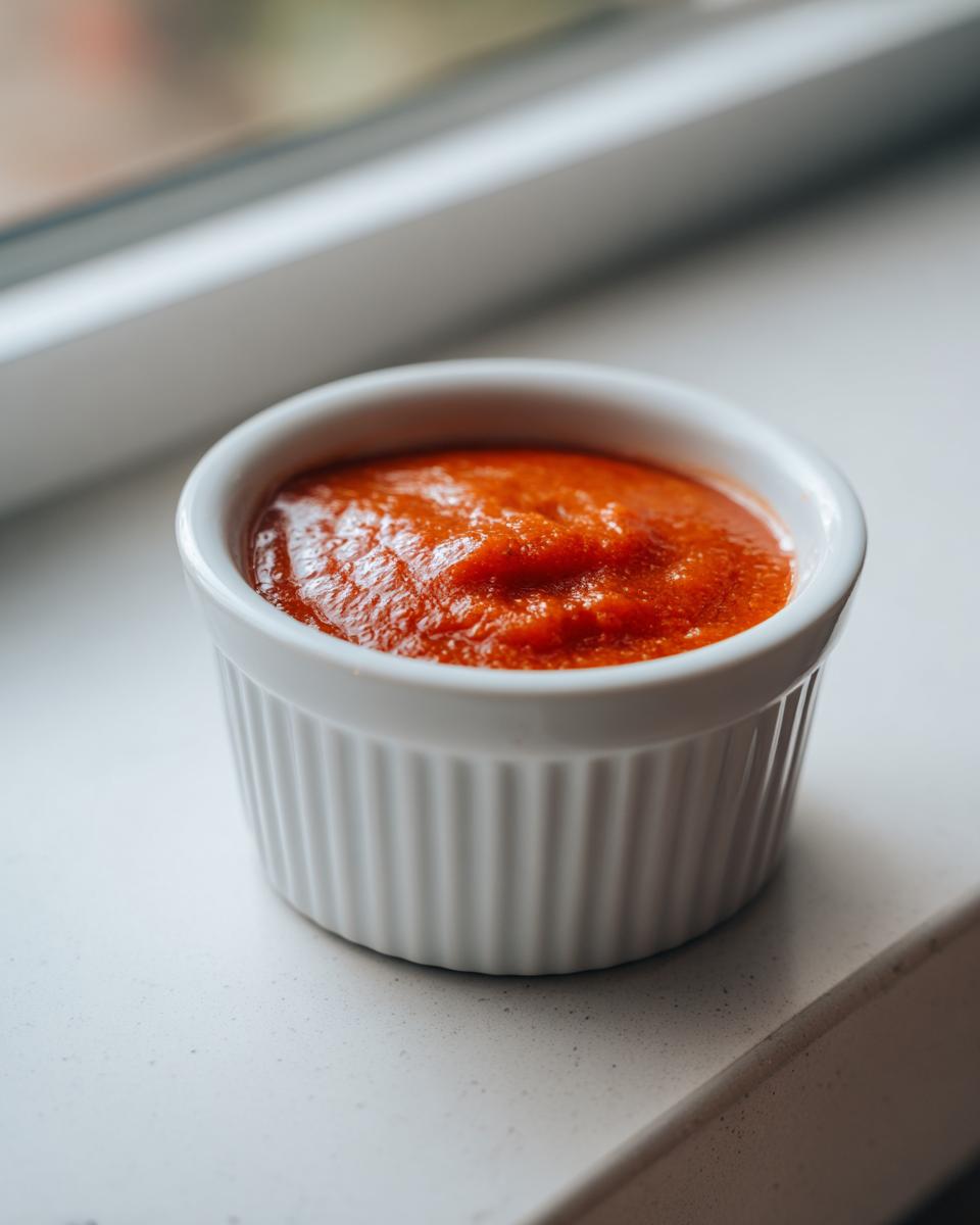 A small white ramekin filled with bright red homemade cocktail sauce, sitting on a light countertop near a window.