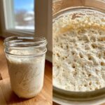 A split image showing an active, bubbly sourdough starter in a glass jar next to a close-up of its foamy texture.