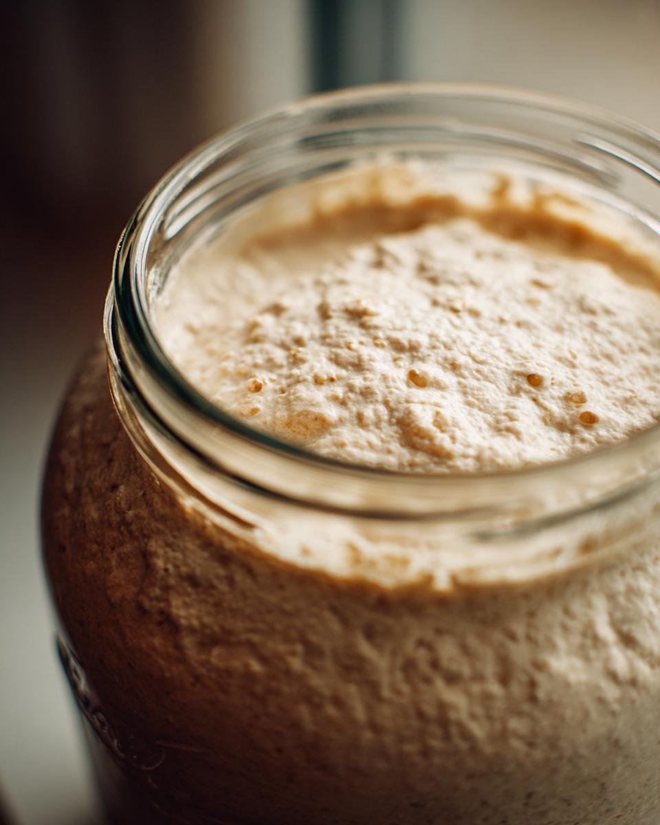 Close-up of an active, bubbly sourdough starter overflowing slightly in a clear glass jar.