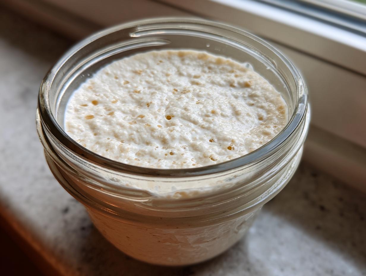 Close-up of an active, bubbly sourdough starter overflowing slightly in a clear glass jar, ready for baking.