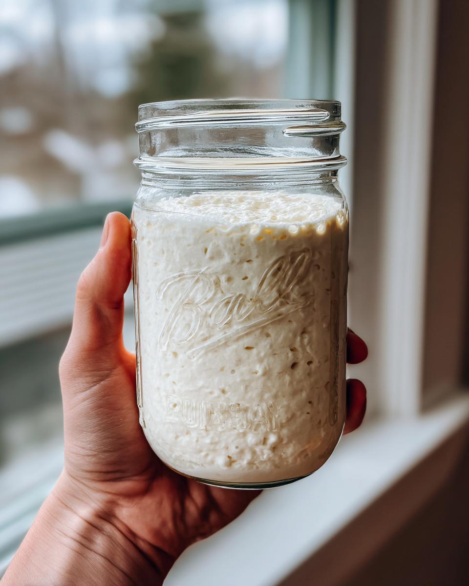 A hand holds a Ball mason jar filled with active, bubbly sourdough starter, ready for baking.