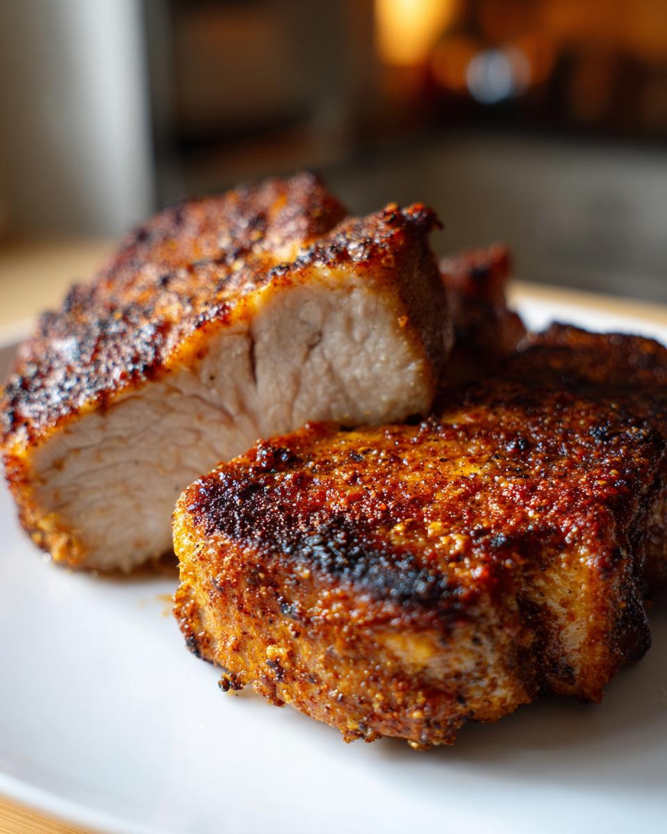 Close-up of juicy, thick air fryer pork chops with a dark, seasoned crust served on a white plate.