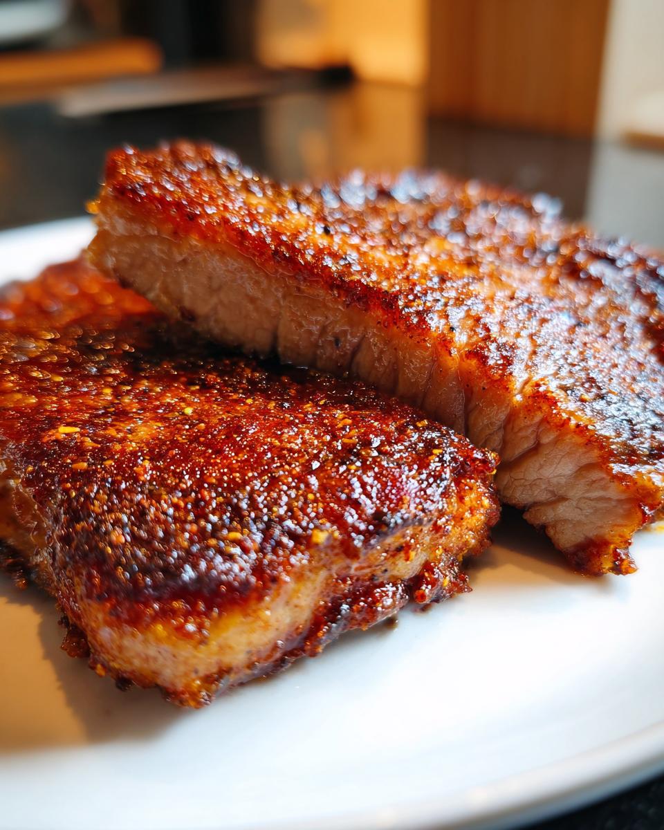 Close-up of two perfectly cooked air fryer pork chops with a dark, crispy, seasoned crust on a white plate.
