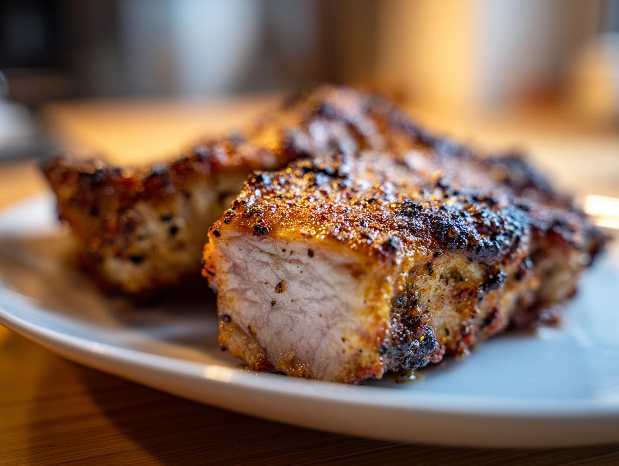 Close-up of two juicy, seasoned air fryer pork chops with a dark, caramelized crust resting on a white plate.
