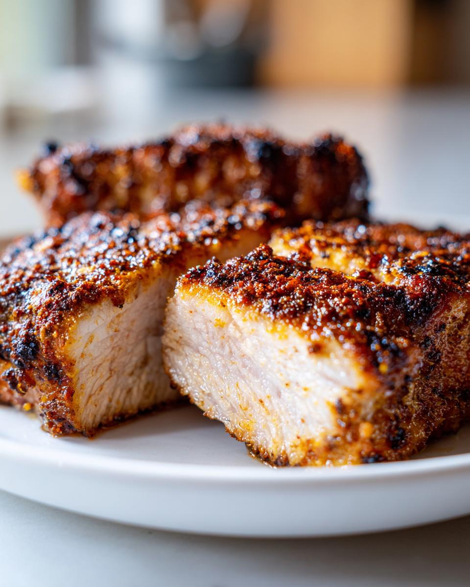 Close-up of perfectly cooked air fryer pork chops, sliced to show the juicy interior and seasoned crust.