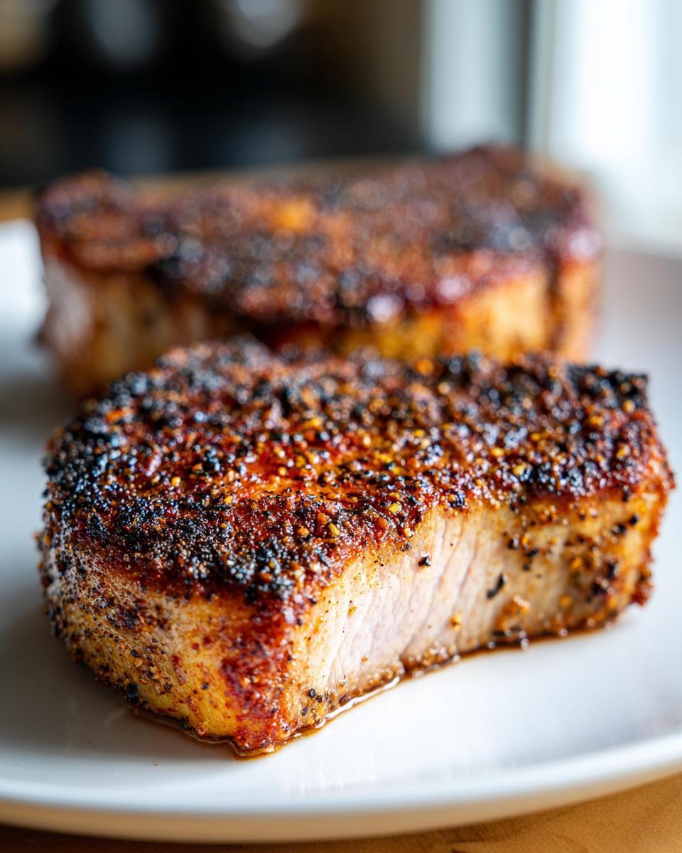 Close-up of a thick, juicy air fryer pork chop with a dark, heavily seasoned crust resting on a white plate.