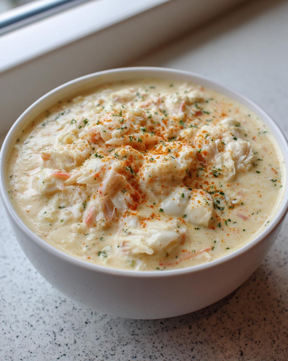 Close-up of a hearty bowl of creamy crab soup, generously topped with flaked crab meat, parsley, and paprika.