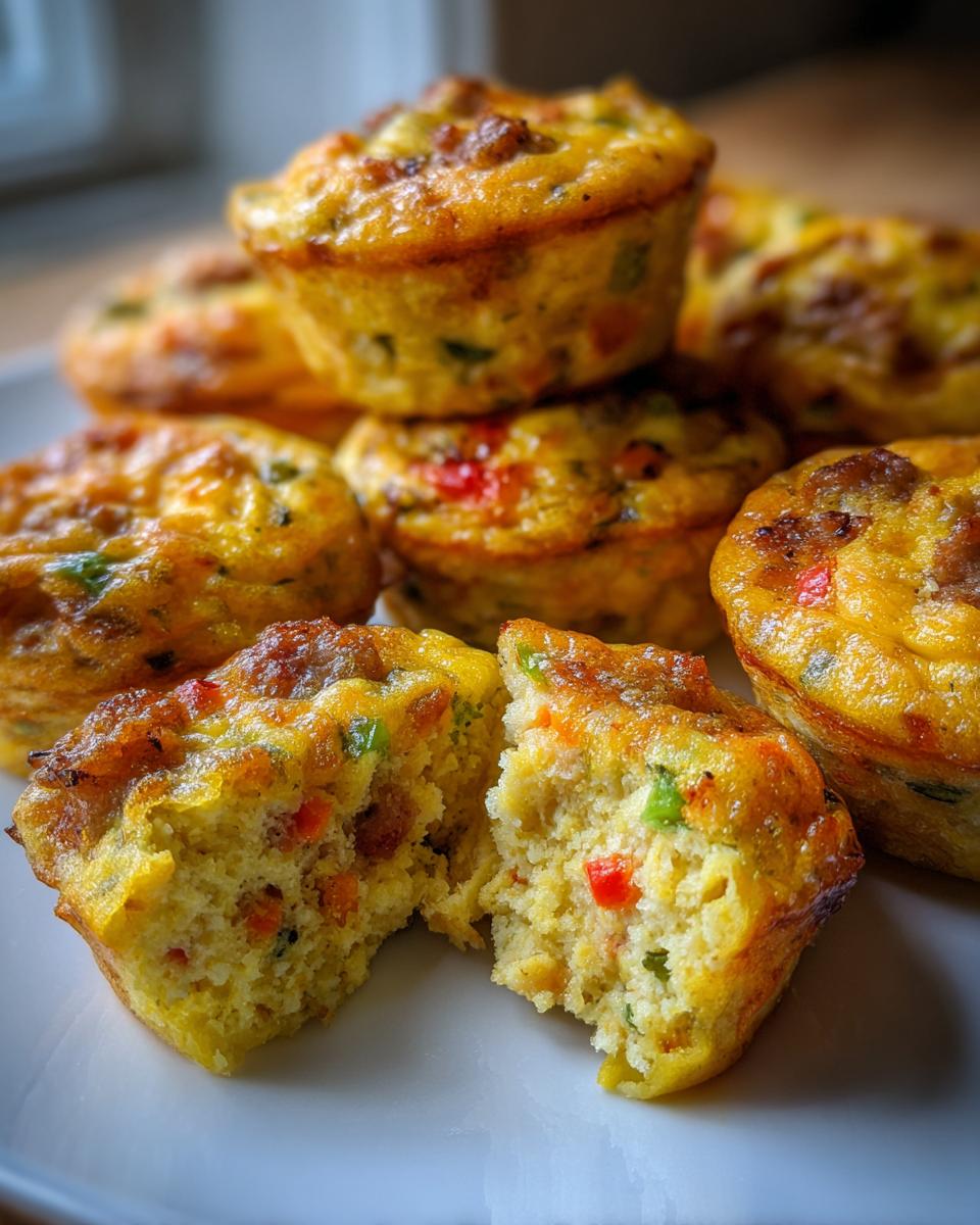 Close-up of savory baked egg bites, one split open showing vegetables, with a stack of whole egg bites behind it.