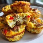 A stack of golden-brown, savory egg bites, one cut in half showing sausage and red pepper filling.