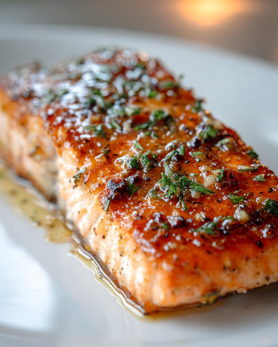 Close-up of a perfectly cooked baked salmon recipe fillet, glistening with a glaze and topped with fresh herbs.