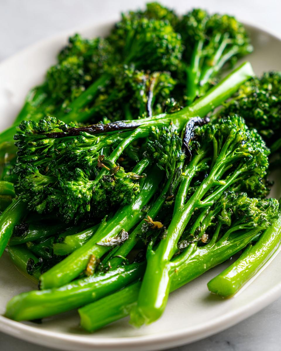 Close-up of bright green, perfectly cooked broccolini spears seasoned and served on a light plate.