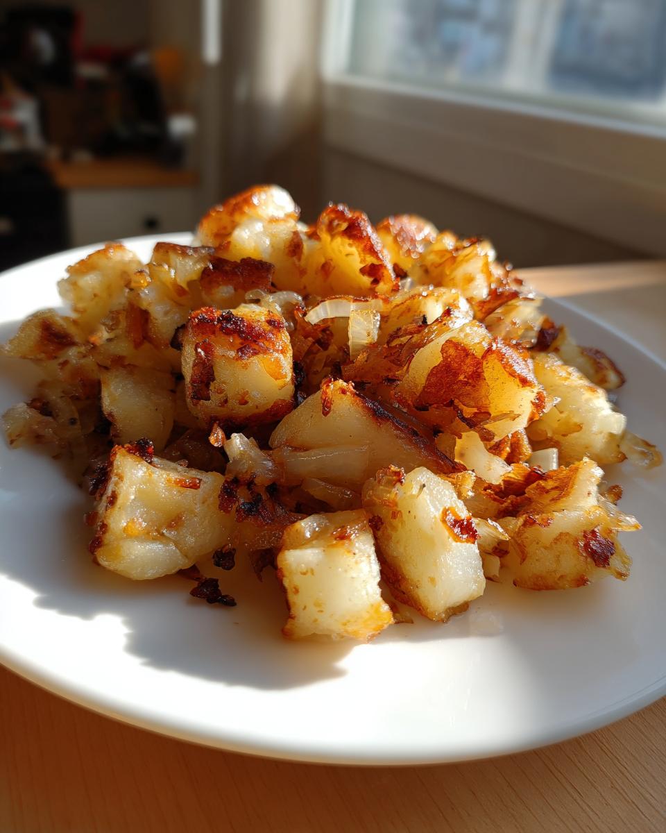 A close-up of golden brown, crispy fried potatoes mixed with caramelized onions served on a white plate.