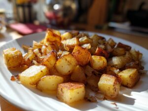 Close-up of crispy, golden brown fried potatoes mixed with caramelized onions served on a white plate.