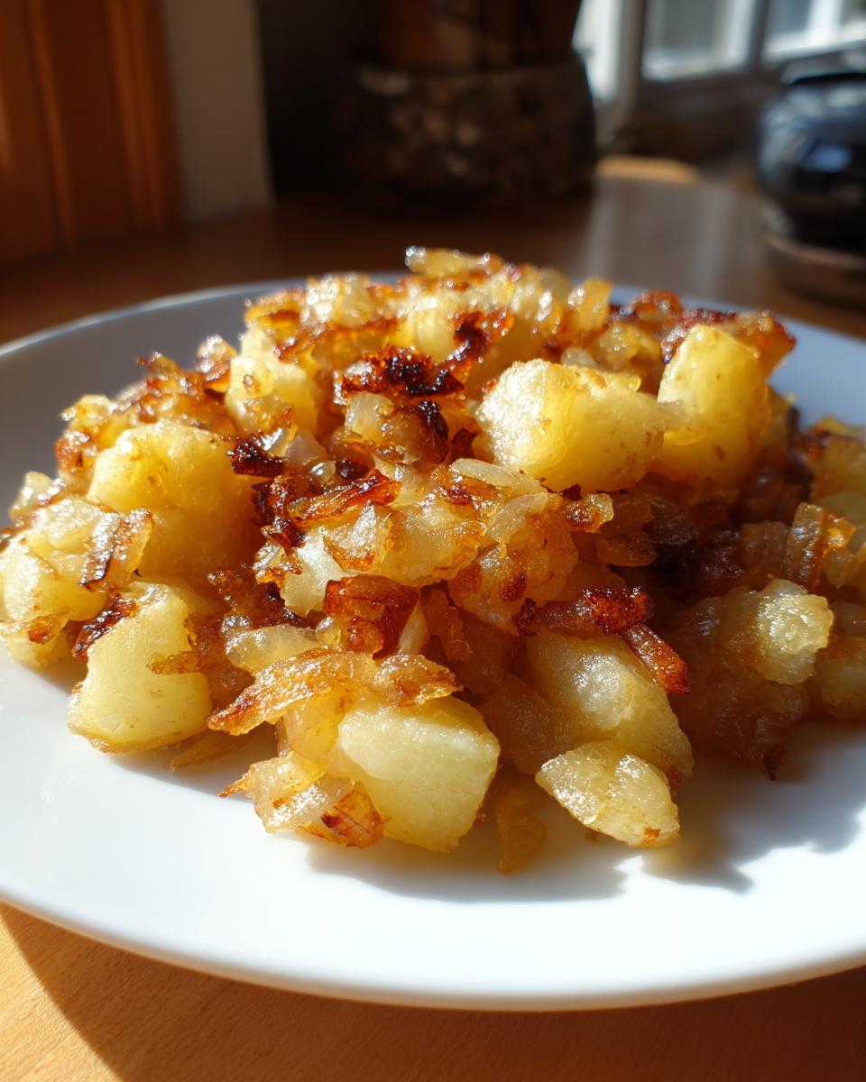 Close-up of perfectly cooked fried potatoes mixed with crispy, caramelized onions on a white plate.