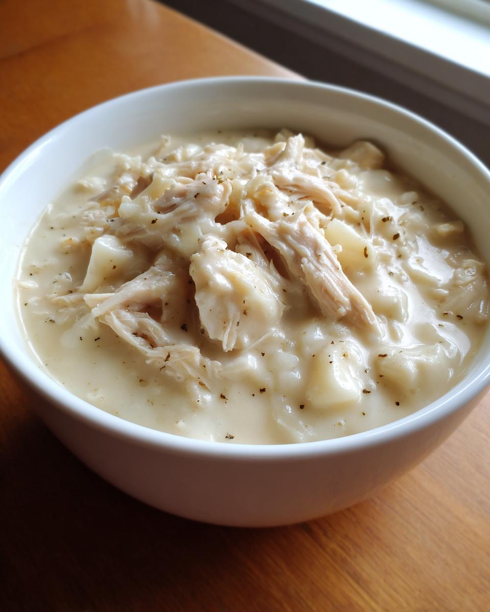 A close-up of a white bowl filled with creamy homemade cream of chicken soup, topped with shredded chicken and herbs.
