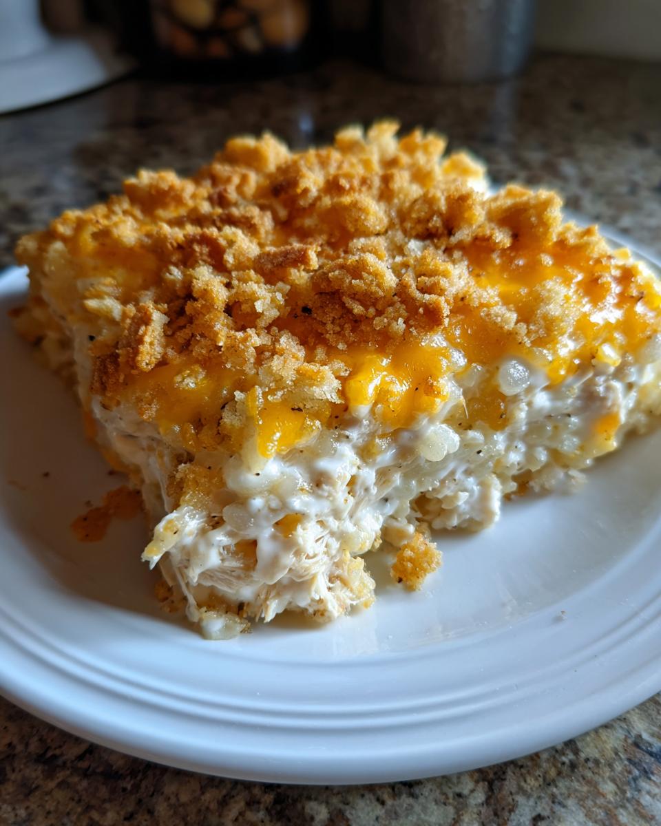 A close-up of a creamy slice of rice casserole topped with melted cheddar cheese and crunchy breadcrumbs.