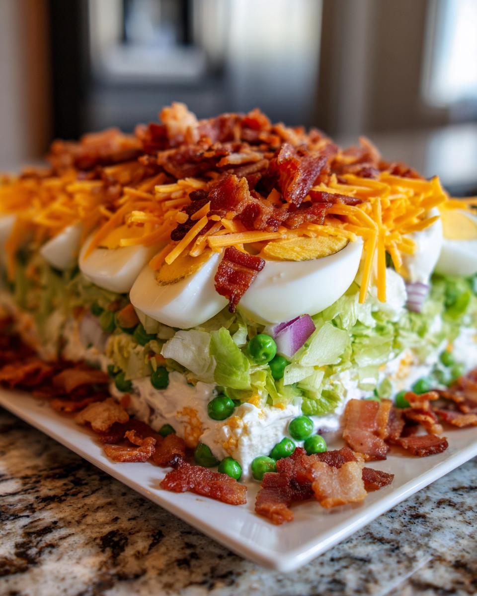 A tall, layered presentation of the 7 layer salad, topped with sliced eggs, shredded cheese, and crispy bacon bits.