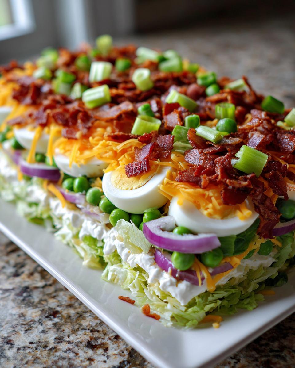 A beautifully layered 7 layer salad featuring lettuce, creamy dressing, peas, red onion, sliced hard-boiled eggs, cheese, and bacon crumbles.