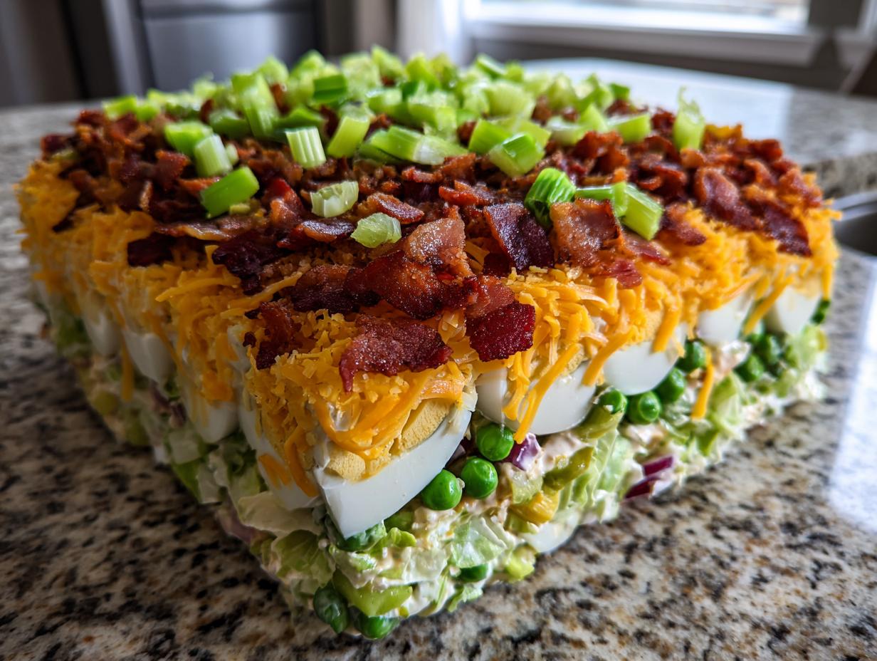 A cross-section view of an Amazing 7 layer salad featuring visible layers of lettuce, peas, hard-boiled eggs, shredded cheddar, bacon, and green onions.