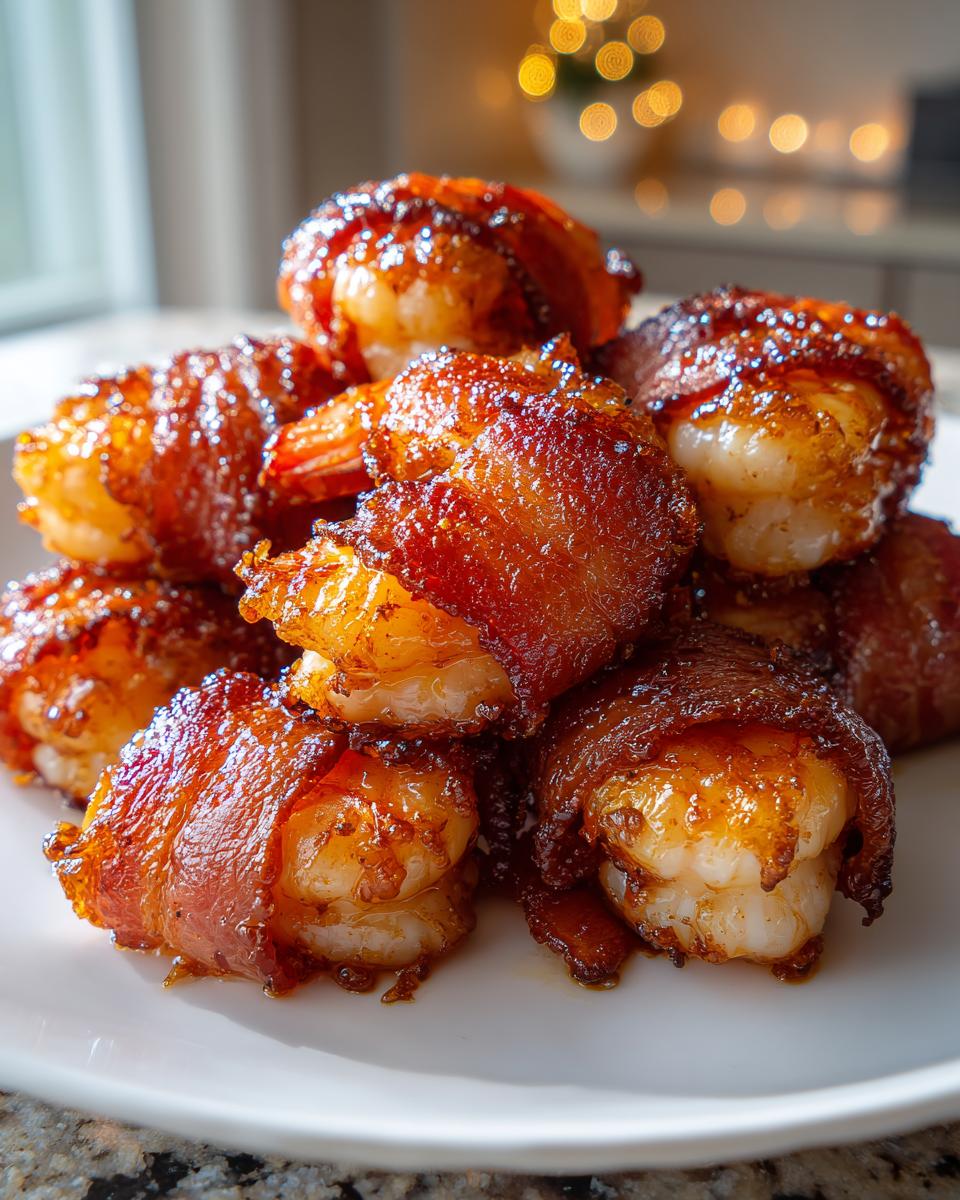 A pile of perfectly cooked, glazed bacon wrapped shrimp stacked on a white plate.