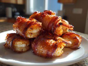 A pile of perfectly cooked, glazed bacon wrapped shrimp stacked on a white plate, ready to eat.