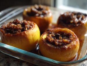 Four golden baked apples stuffed with a rich, brown sugar and spice filling, resting in a glass baking dish.