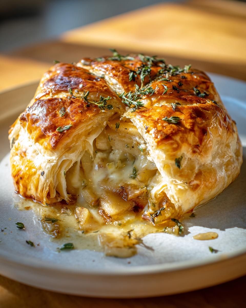 Close-up of warm baked brie wrapped in golden puff pastry, oozing melted cheese and fruit filling, topped with fresh thyme.