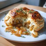 A cross-section of baked brie wrapped in golden puff pastry, oozing melted cheese and caramelized pears, garnished with thyme.